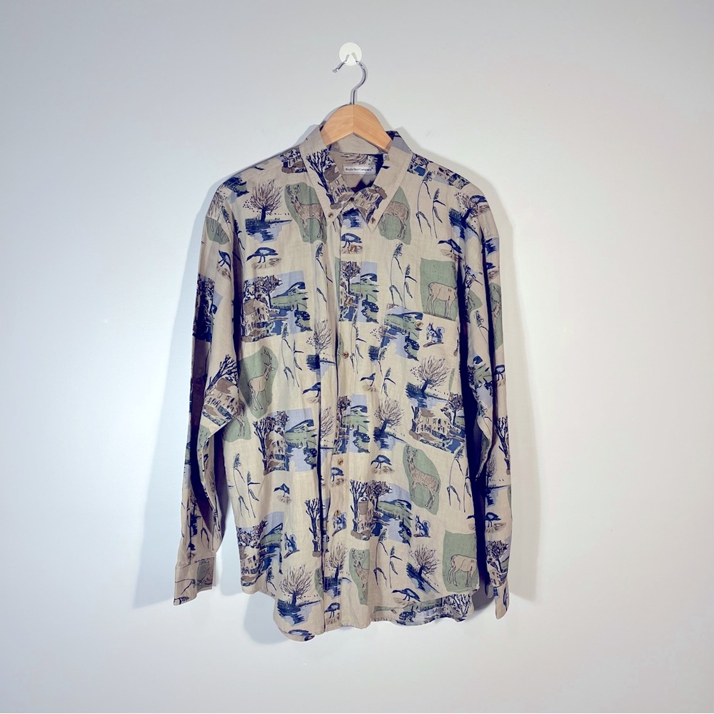 Bugle Boy Company Vintage Beige Nature Pattern Button Down Shirt XL